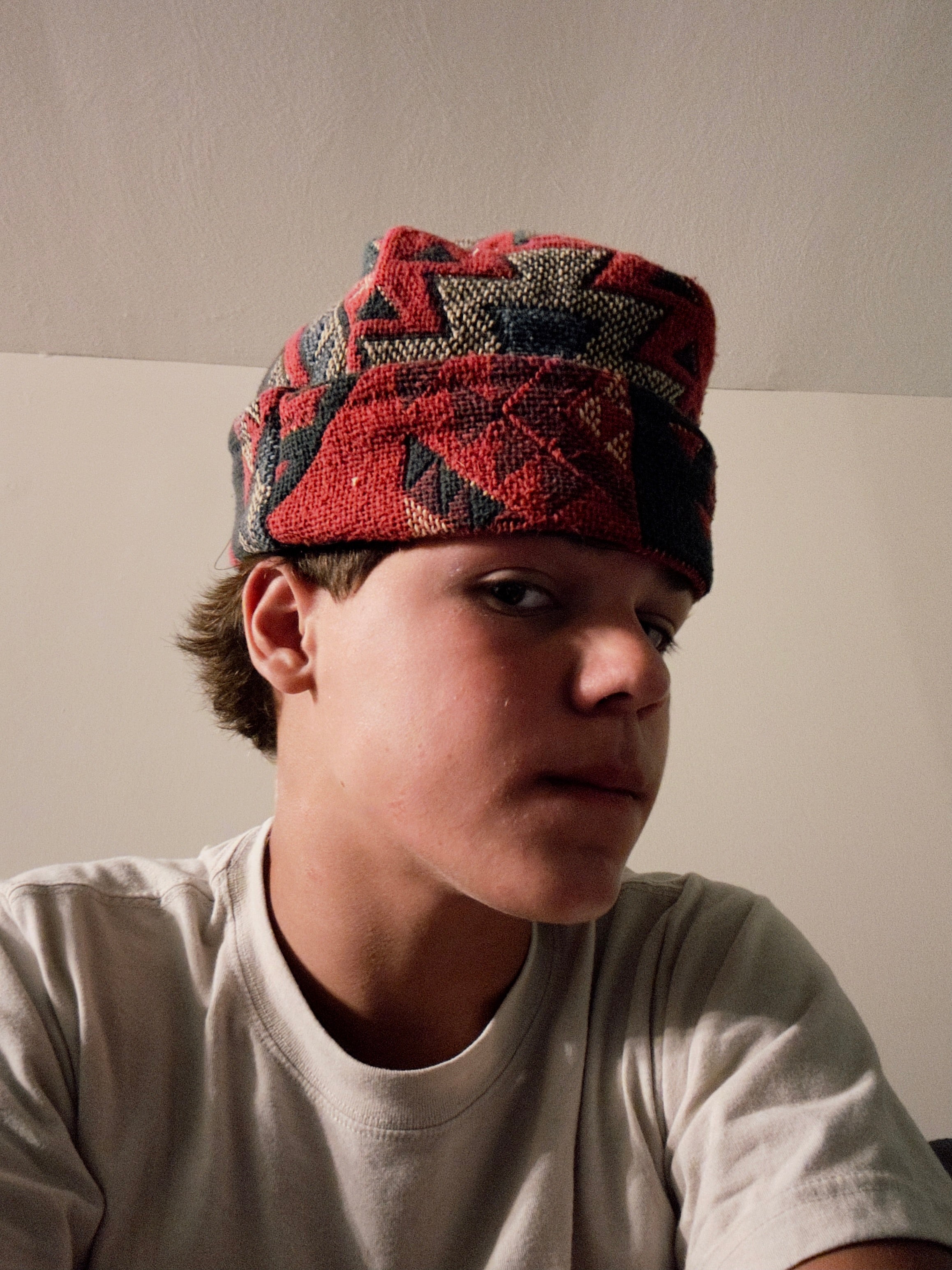 Aztec beanie made from vintage blanket ￼